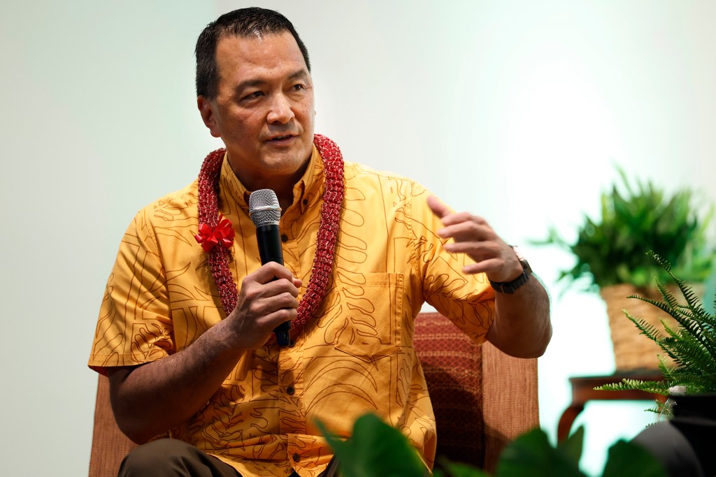 OHA CEO candidate Todd Apo speaks at He Kūkākūkā, a community talk story event with finalists, Thursday, Oct. 15, 2026, in Honolulu. (Kevin Fujii/Civil Beat/2026)