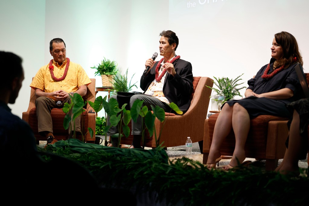 OHA CEO candidates Todd Apo, from left, Kaulana Park and Summer Sylva speak at He Kūkākūkā, a community talk story event with finalists, Thursday, Oct. 15, 2026, in Honolulu. (Kevin Fujii/Civil Beat/2026)