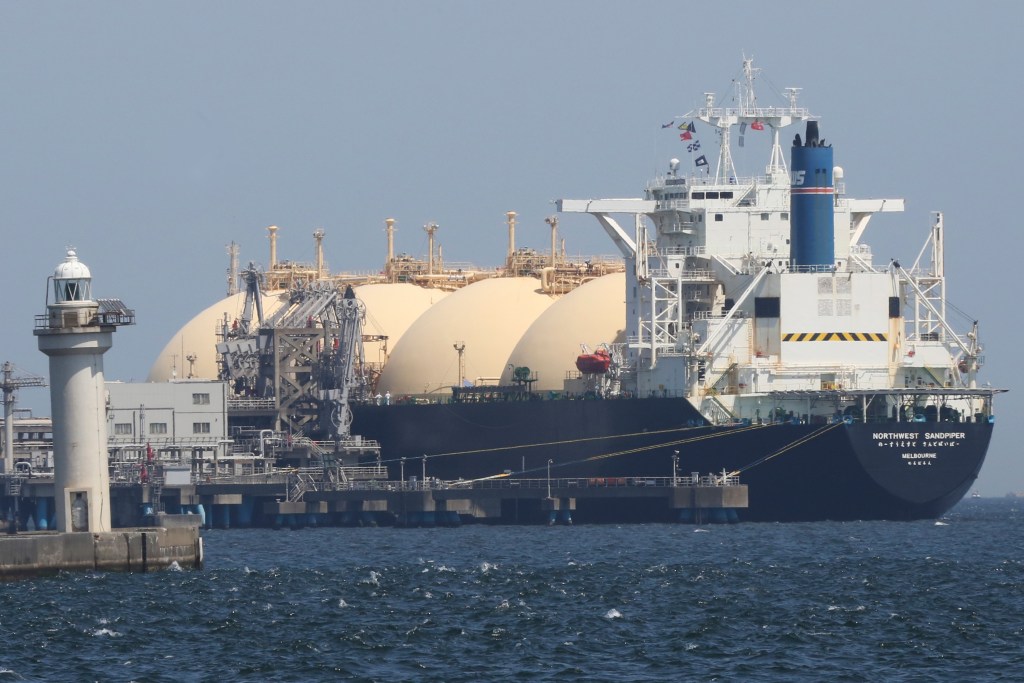 Australian LNG Tanker Northwest Sandpiper is at anchor in Yokohama port, near Tokyo Tuesday, April 12, 2022. (AP Photo/Koji Sasahara)