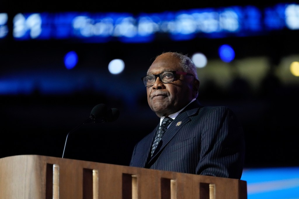 Rep. James E. Clyburn, D-S.C., speaks during the Democratic National Convention Monday, Aug. 19, 2024, in Chicago. (AP Photo/Paul Sancya)
