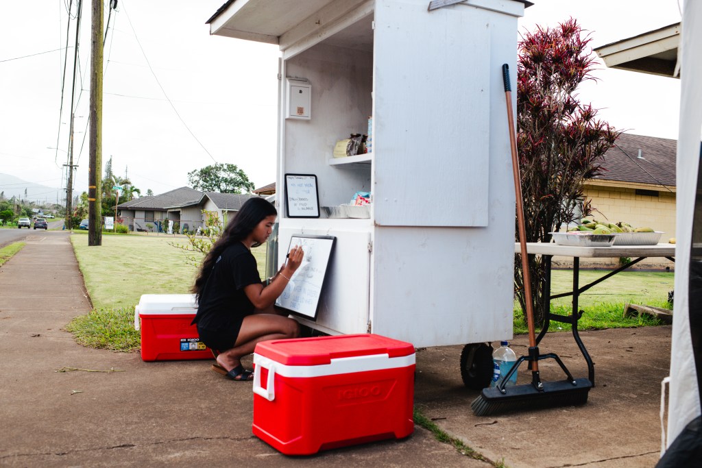 Kilauea, Hi - September 24, 2026: In Kīlauea, 15 year old Kale Sambrano updates her sign for free food and necessities. Her family began cooking meals after their church said it was worried about the food in its food pantry going bad. The meals were originally intended to be for workers clearing trees and fallen utility poles, but then they saw the broader community needed hot meals, too. Kale said that part of what she enjoyed most was making people smile after handing them a hot meal. Akasha Rabut for The Guardian