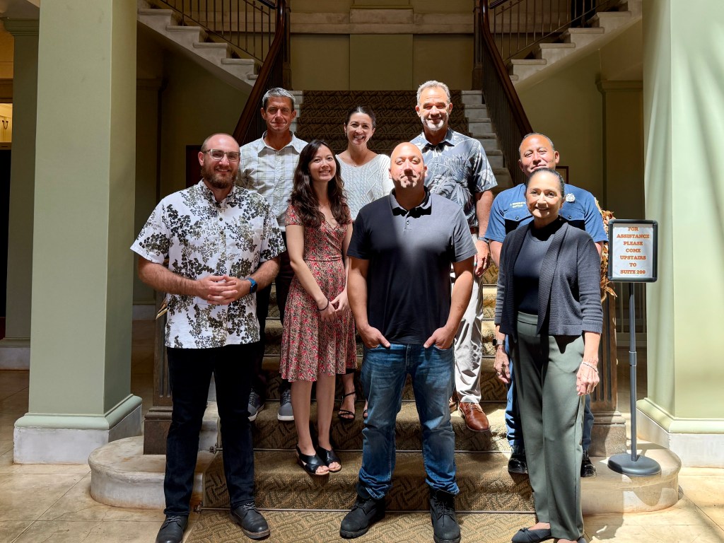 From top left, Doug Green of DoKi Wildfire Solutions, Elizabeth Pickett of Hawai‘i Wildfire Management Organization, Derek Alkonis of the Fire Safety Research Institute, and Justin Kinoshita of the Kaua‘i Fire Department. From bottom left, Alan Clinton, Alisha Summers and Ka‘āina Hull of the Kaua‘i Planning Department and Leolynn Escalona of the Kaua‘i Building Division. The team worked on Bill 2998 for two years.