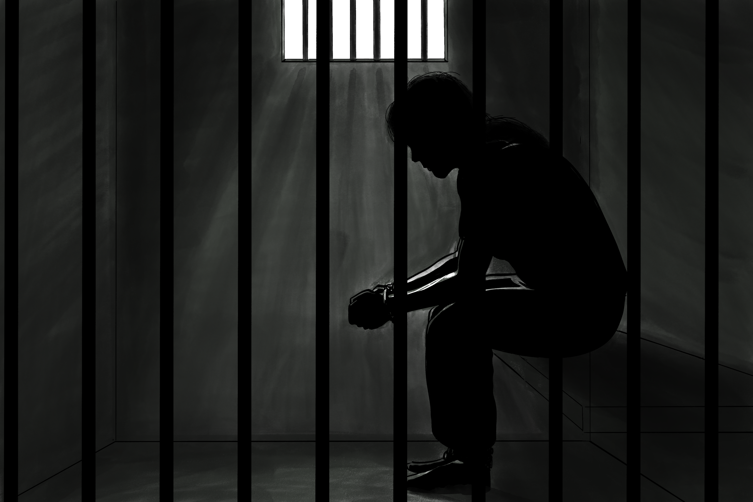 Illustration of figure in jail cell