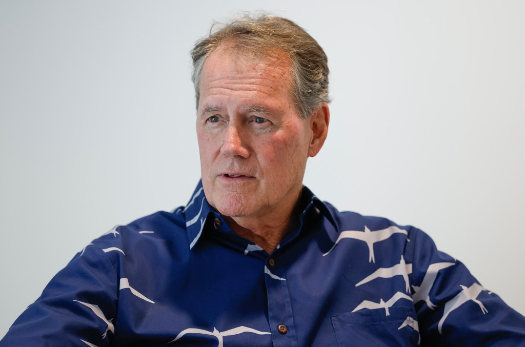 U.S. Rep. Ed Case talks with Civil Beat reporter Nick Grube, Friday, Oct. 9, 2026, at the Civil Beat newsroom in Kaimukī.  (Jamm Aquino/Civil Beat/2026)