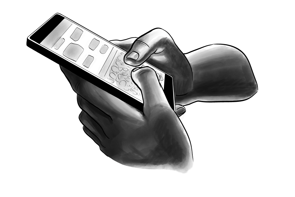 Illustration of a pair of hands holding a phone with chat bubbles on screen