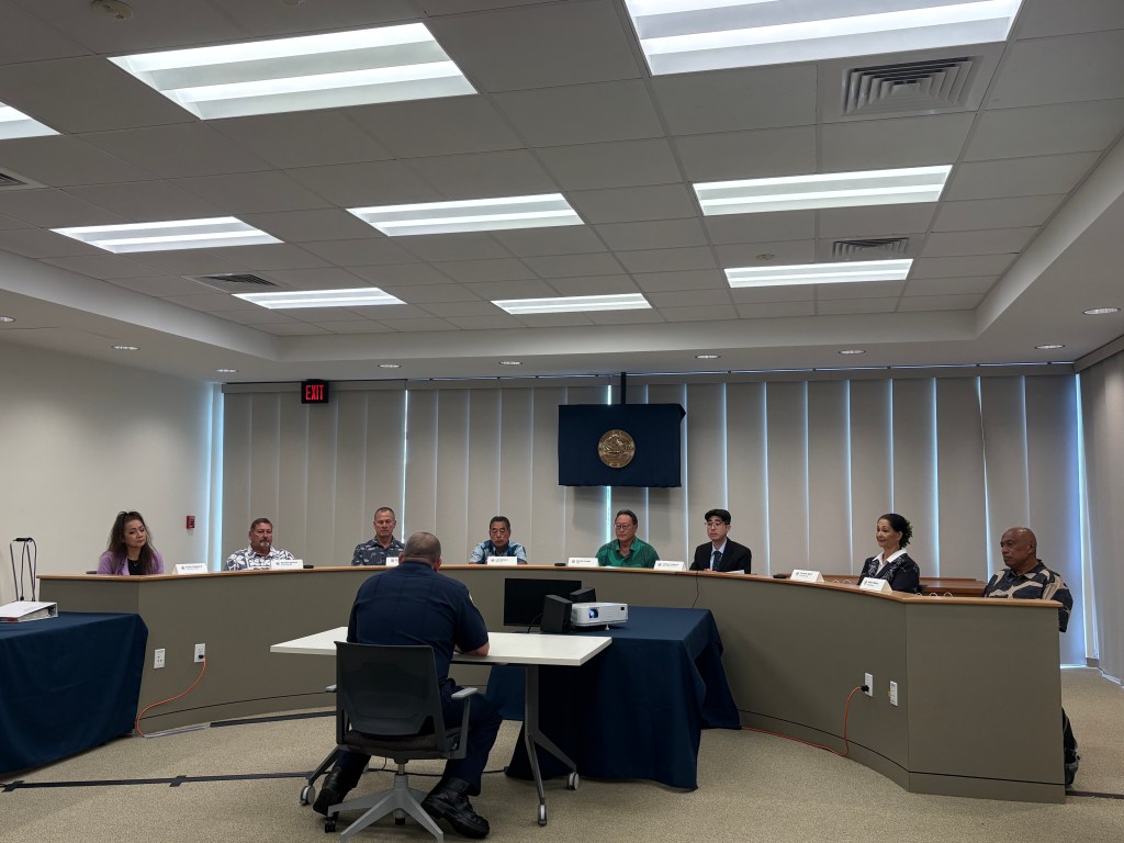Daniel Volpe sits in front of the Fire Commission following his selection as Fire Chief (Taylor Nāhulukeaokalani Cozloff/Civil Beat/2026)