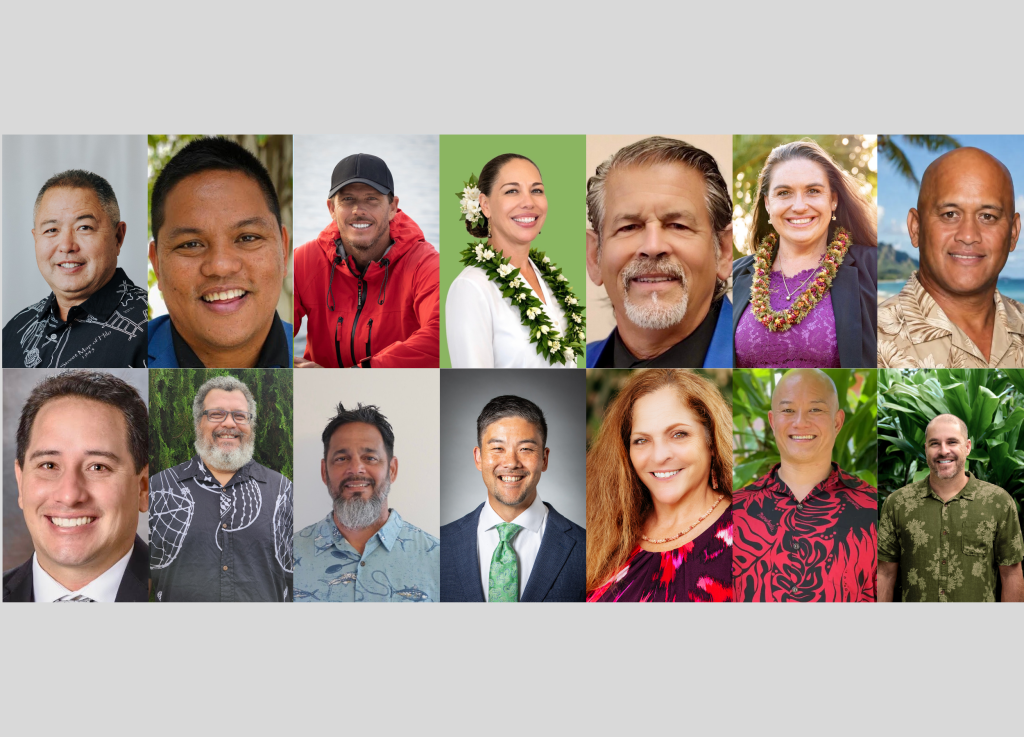 From top left: Paul Noboru Applegate, Addison Bulosan, Mike Coots, Michelle Kaleiohi Correa, Billy DeCosta, Fern Ānuenue Holland, Keola Kaiminaauao. From bottom left: Arryl Kaneshiro, Umi Martin, John "Scooby" Mattos, Todd Ozaki, Cheree Rapozo, Taylor Shigemoto, Dane Smith.