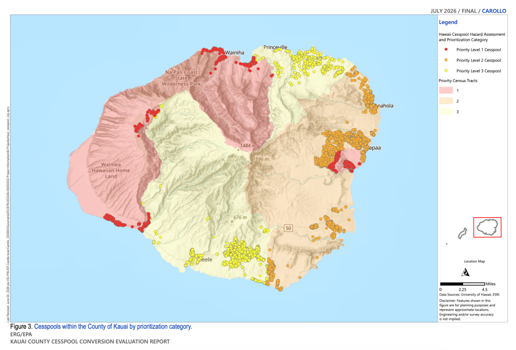 A map of the island of Kaua‘i depicting red, yellow and orange areas and dots to identify different cesspool hazard levels and locations.