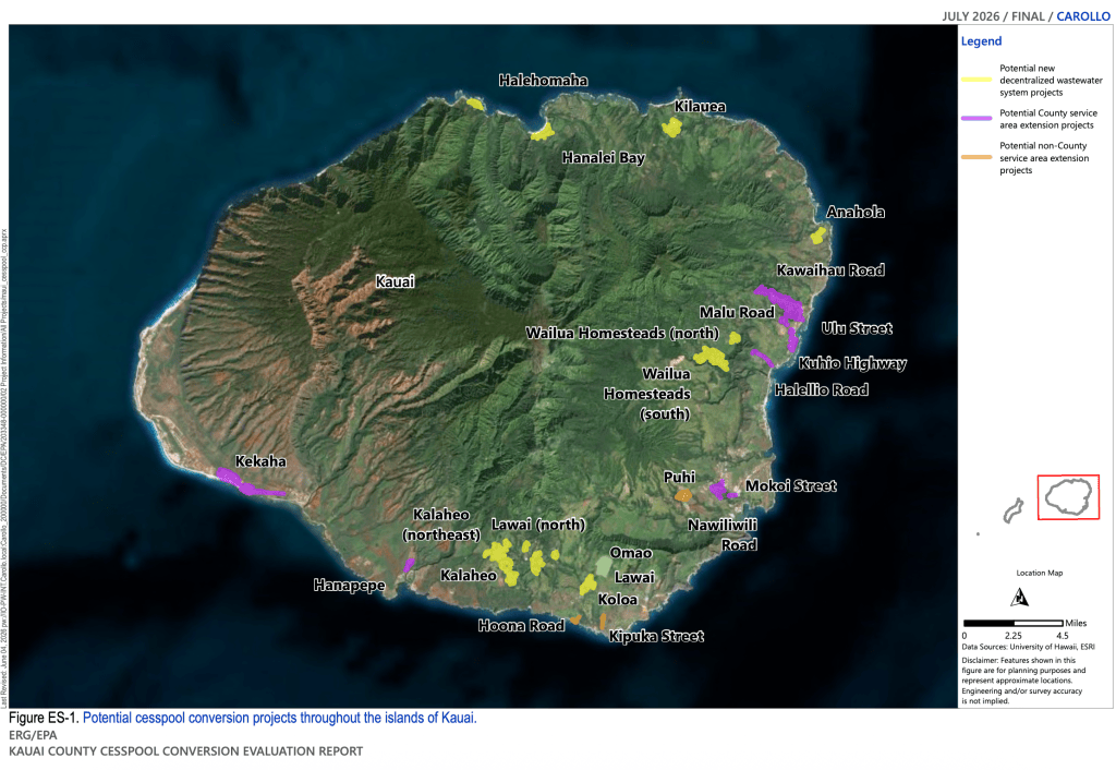 The Kaua‘i County Cesspool Conversion Evaluation Report looked at nine potential county sewer expansion projects, along with four extension projects for non-county sewer systems and nine decentralized wastewater system projects.