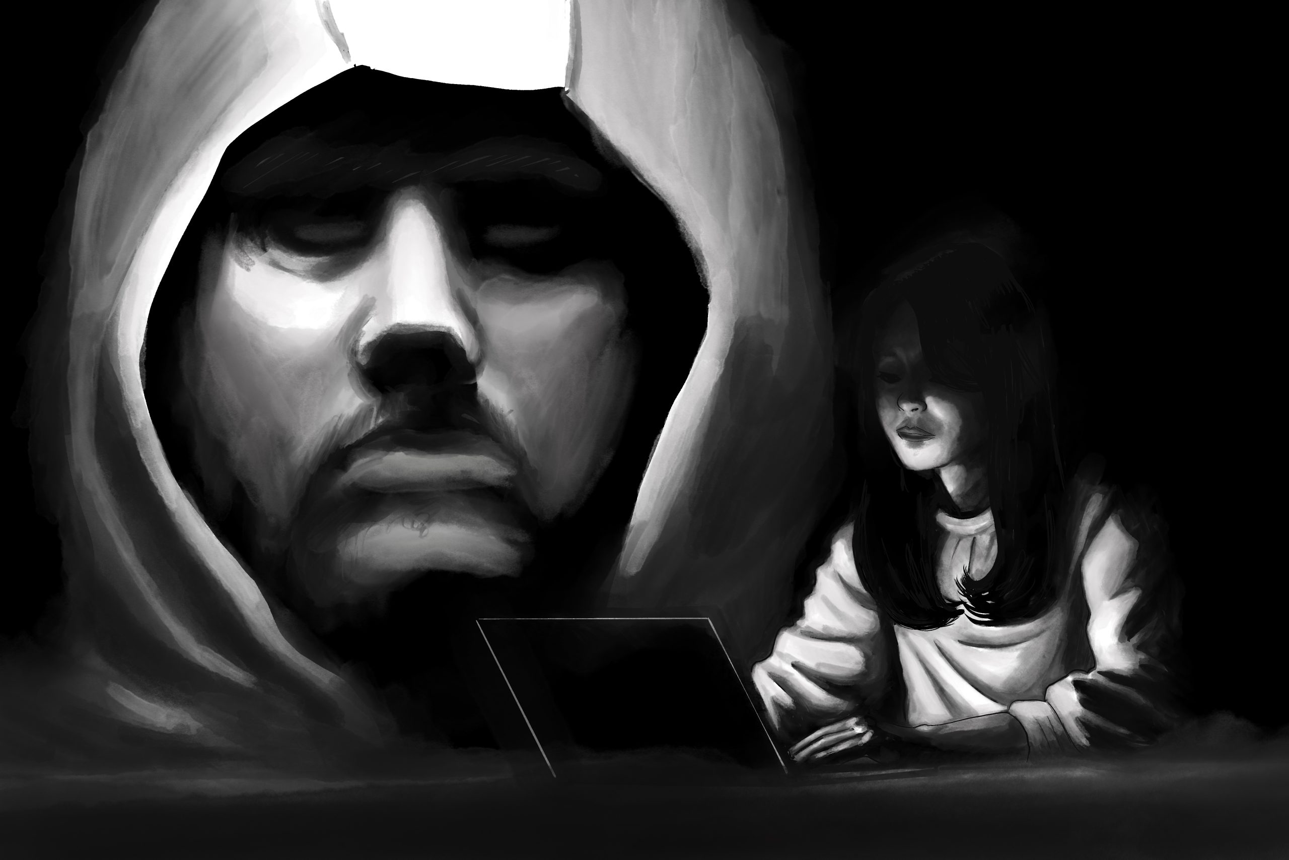 Illustration of girl on a laptop with looming figure in background