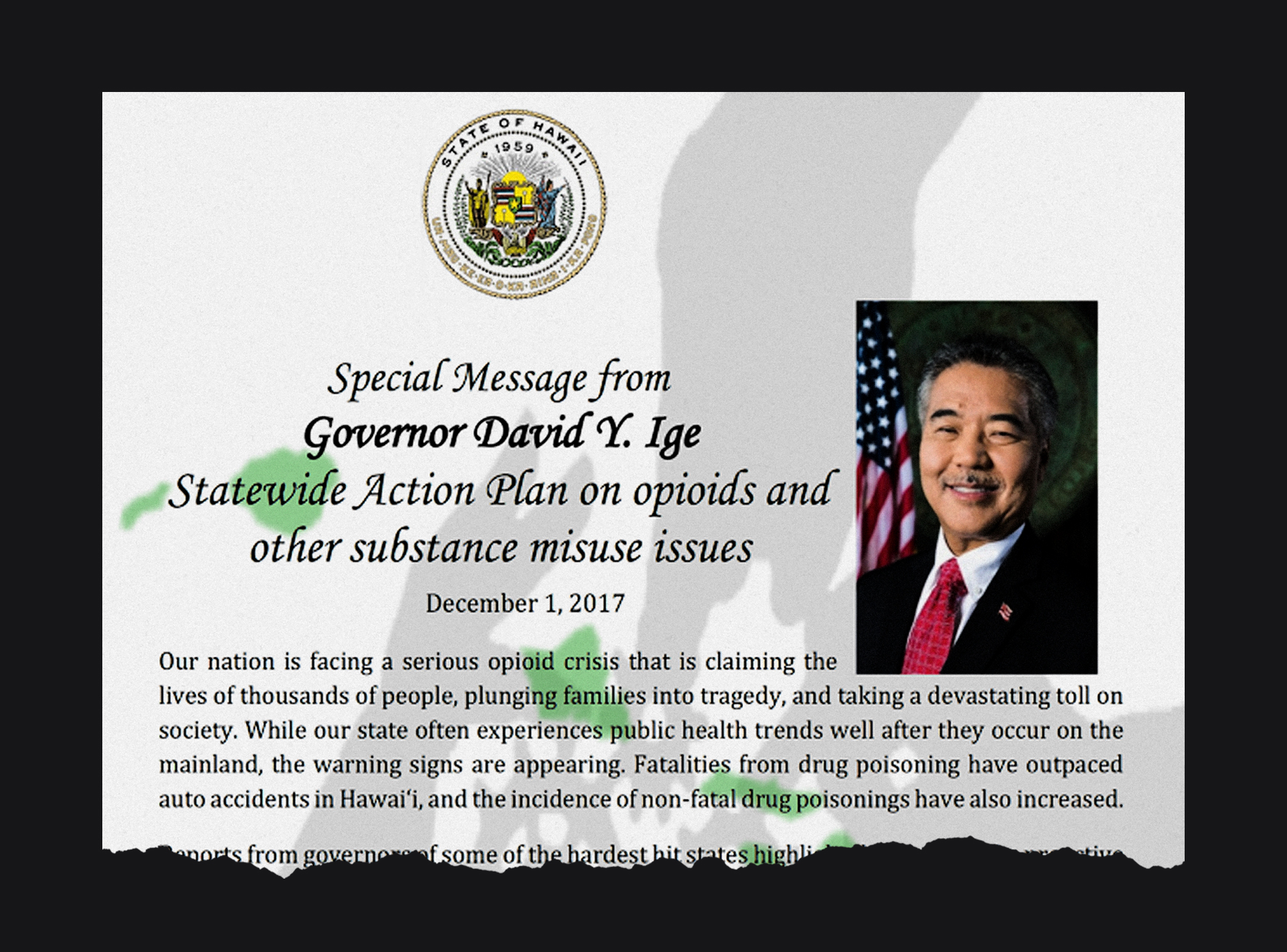 2017 message from Governor David Ige regarding the statewide action plan on opioids.