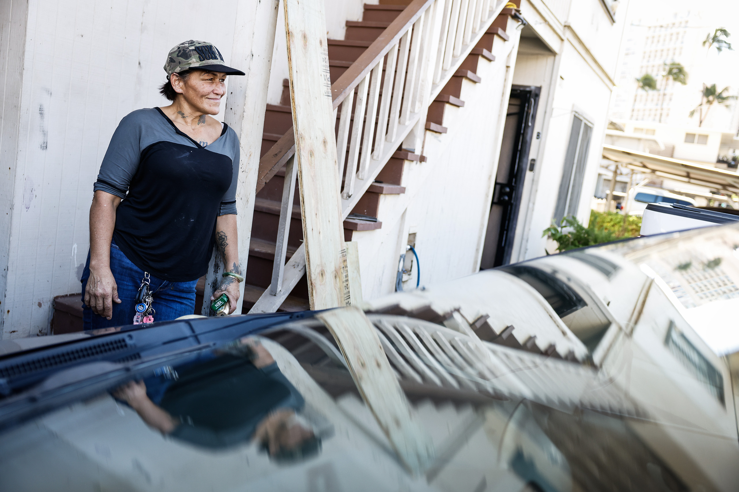 Kapu Shoaf stands outside her residence, Monday, Oct. 12, 2026, in Honolulu. (Jamm Aquino/Civil Beat/2026)