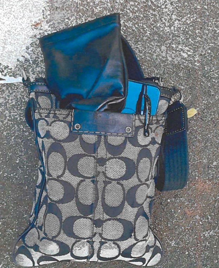 A discarded purse containing a pen, phone and a black pouch.